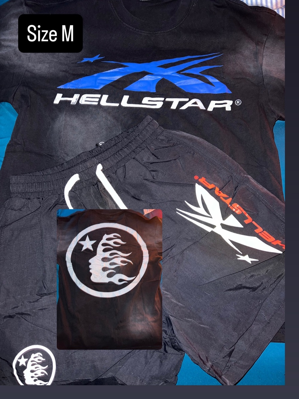 Hellstar Black Graphic Tee & Shorts Set - Black with Blue & White Logos